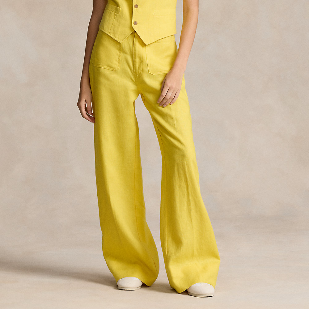 Shop Ralph Lauren Linen Wide-leg Flare Pant In Sunfish Yellow