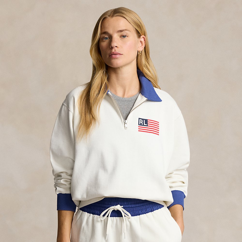 Ralph Lauren Logo Flag Fleece Half-zip Pullover In Deckwash White