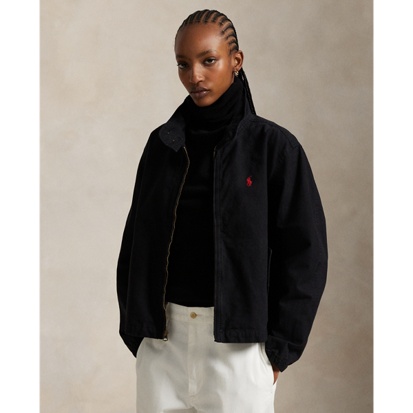 Cut for a slightly cropped fit, this fully lined cotton canvas jacket is designed with a stand collar, which can be styled up or folded down.