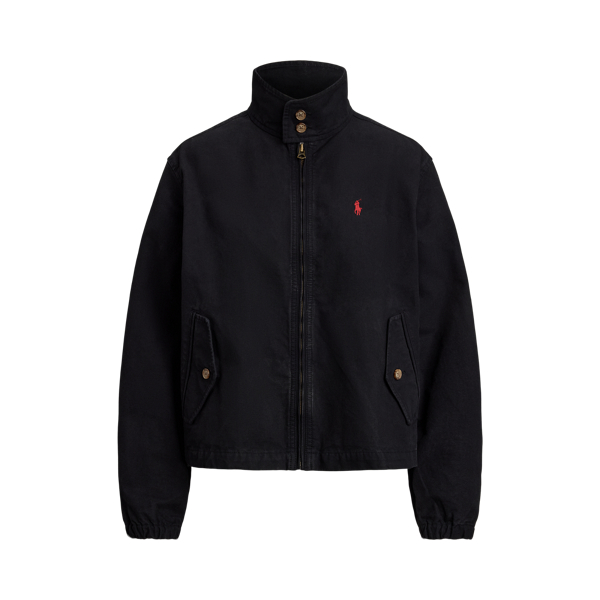 Cut for a slightly cropped fit, this fully lined cotton canvas jacket is designed with a stand collar, which can be styled up or folded down.