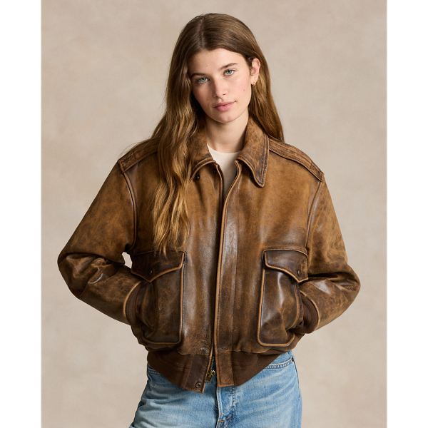 Ralph Lauren Burnished Leather Bomber Jacket In Autumn Brown