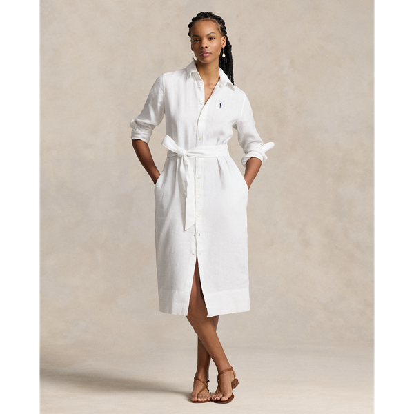 Ralph Lauren Belted Linen Shirtdress In White