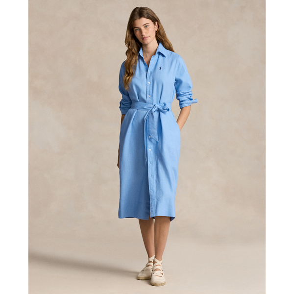 Ralph Lauren Belted Linen Shirtdress In Carolina Blue