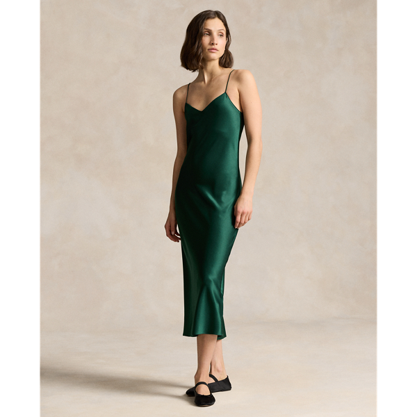 Polo Ralph Lauren Satin Midi Slip Dress In Northwest Pine