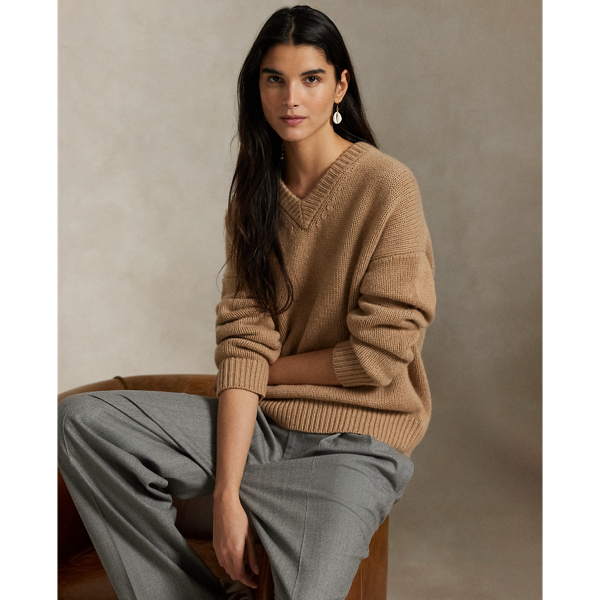 Ralph Lauren Cashmere High V-neck Sweater In Brown