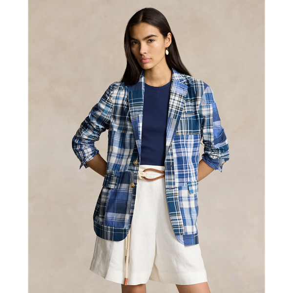 Ralph Lauren Plaid Patchwork Cotton-linen Blazer In Blue Plaid Multi