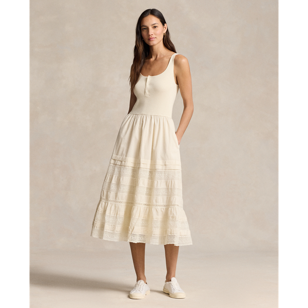 Polo Ralph Lauren Lace-trim Sleeveless Henley Dress In Antique Cream