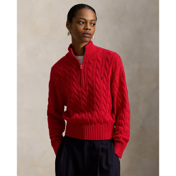 Ralph Lauren Cable-knit Cotton Quarter-zip Sweater In Red