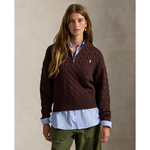 Ralph Lauren Cable-knit Cotton Quarter-zip Sweater In Brown