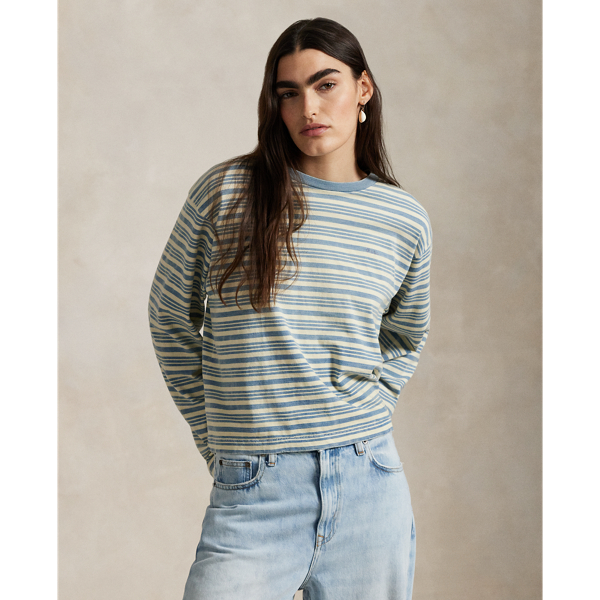 Ralph Lauren Striped Jersey Cropped Long-sleeve Tee In Soft Blue Multi