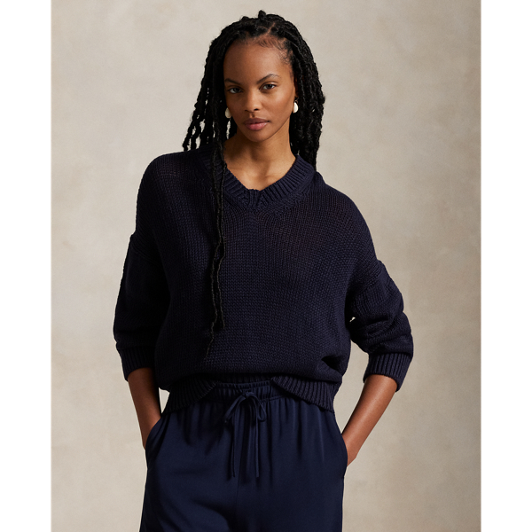 Polo Ralph Lauren Linen-cotton V-neck Sweater In Hunter Navy