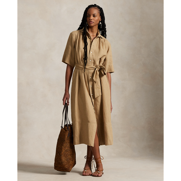 Ralph Lauren Belted Linen Shirtdress In Camel