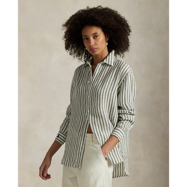 Ralph Lauren Oversize Fit Striped Linen Shirt In Green