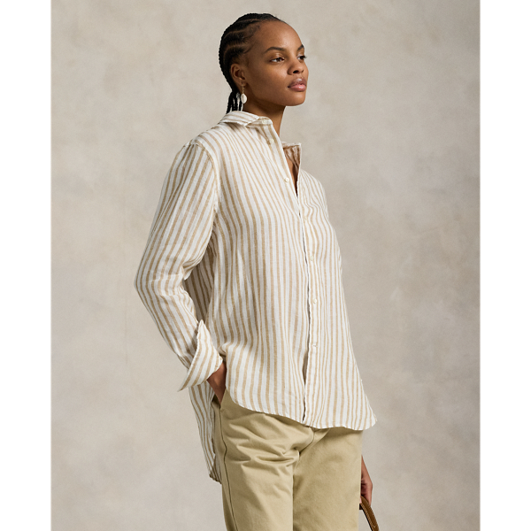 Ralph Lauren Oversize Fit Striped Linen Shirt In Brown