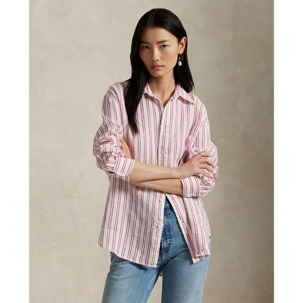 Polo Ralph Lauren Oversize Fit Striped Linen Shirt In White/red