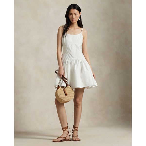 Ralph Lauren Eyelet Paneled Cotton Dress In White