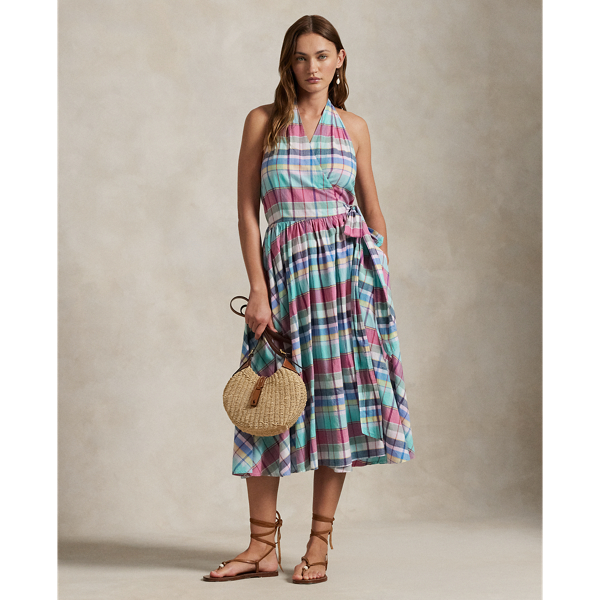 Ralph Lauren Plaid Cotton Halter Wrap Dress In Teal Pink