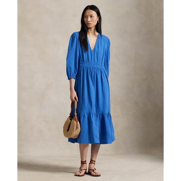 Ralph Lauren Cotton Long-sleeve Dress In Blue