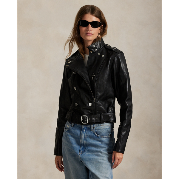 Decorated with silver-tone metal studs, this full-grain leather jacket combines a moto-inspired asymmetrical zip front and buckled self-belt with a slim, structural silhouette.