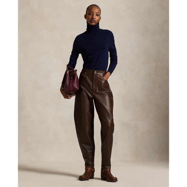 Ralph Lauren Curved Tapered Leather Pant In Brown
