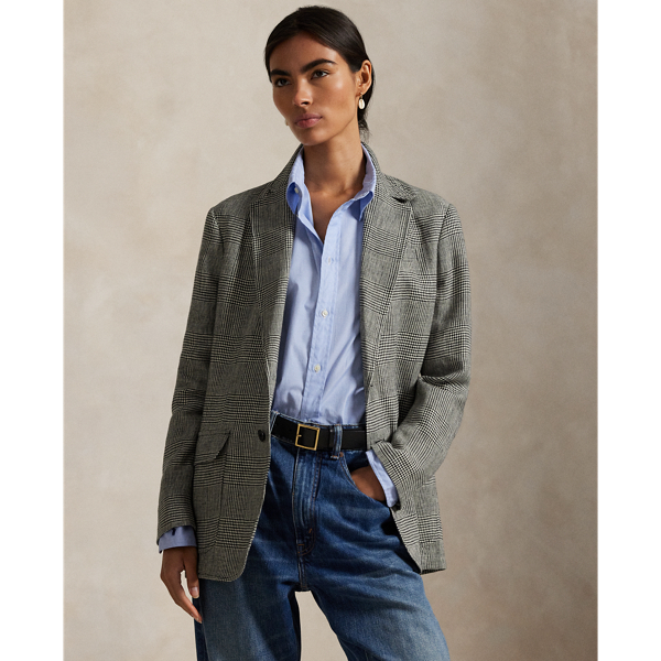 Featuring a heritage-inspired Glen check pattern, this linen tweed blazer is tailored for a single-breasted silhouette and slightly relaxed fit.
