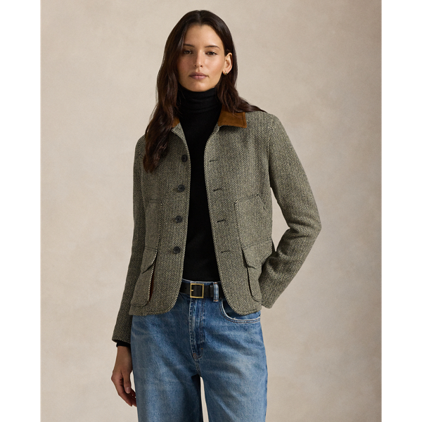 Ralph Lauren Suede-trim Herringbone Jacket In Brown