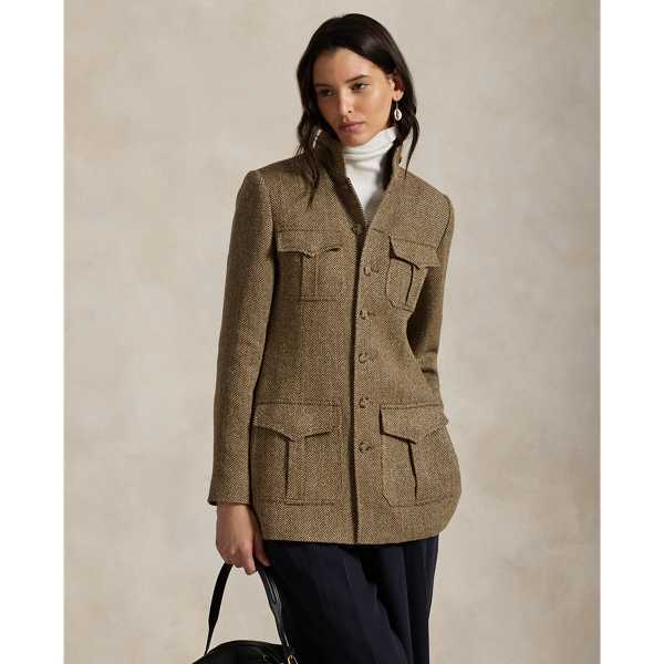 Ralph Lauren Linen-blend Herringbone Mockneck Jacket In Brown