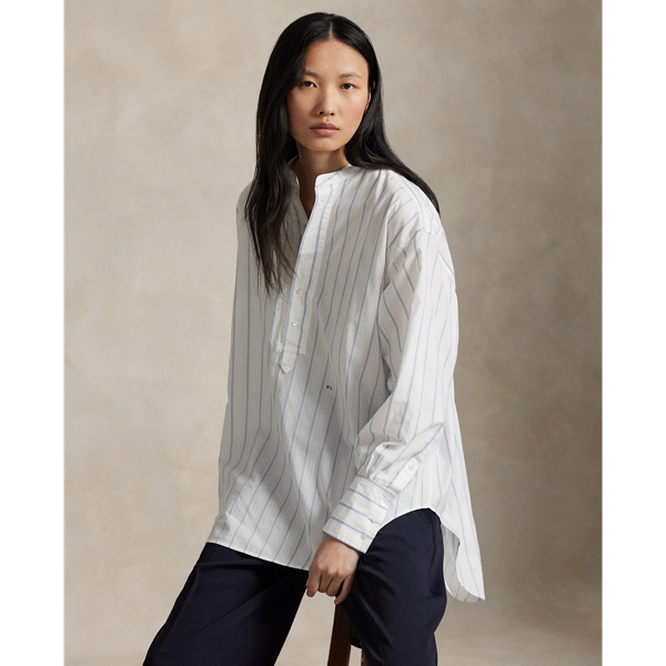 Cut from lightweight cotton dobby, this top is designed for a loose, oversize silhouette with yarn-dyed vertical stripes and a buttoned half-placket.
