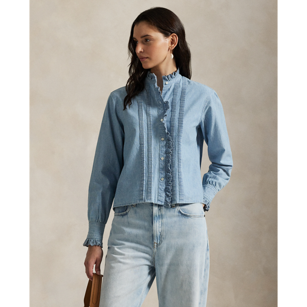 Ralph Lauren Ruffle-trim Chambray Top In Blue