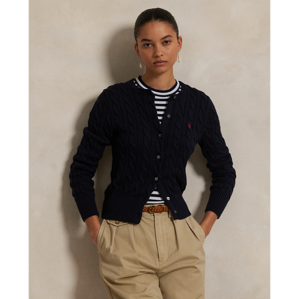 Cable-knit with pure cotton, this slim crewneck cardigan is finished with the signature embroidered Pony on the chest.