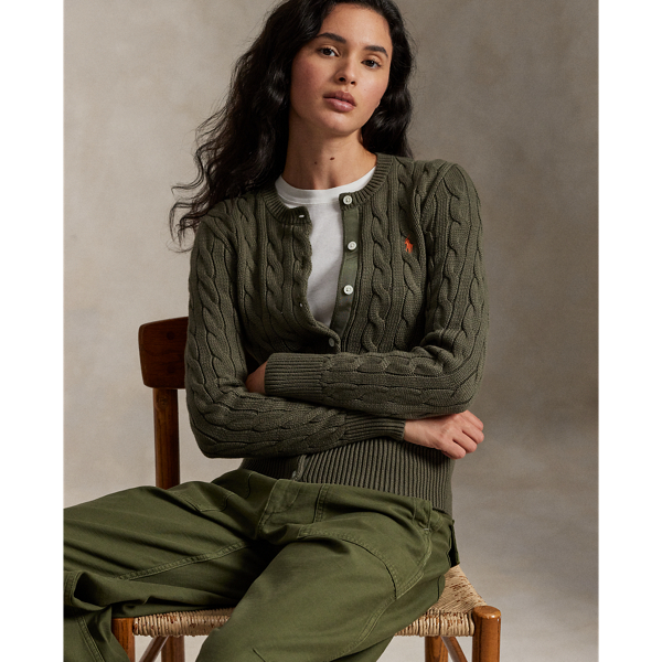 Ralph Lauren Cable-knit Cotton Crewneck Cardigan In Green