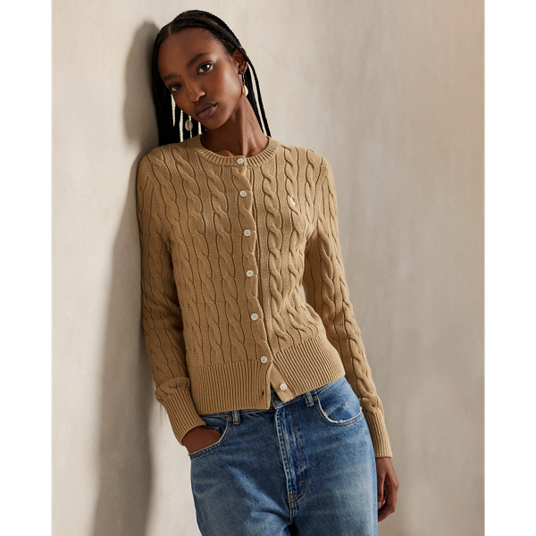 Ralph Lauren Cable-knit Cotton Crewneck Cardigan In Gold