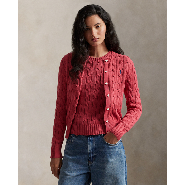 Ralph Lauren Cable-knit Cotton Crewneck Cardigan In Red