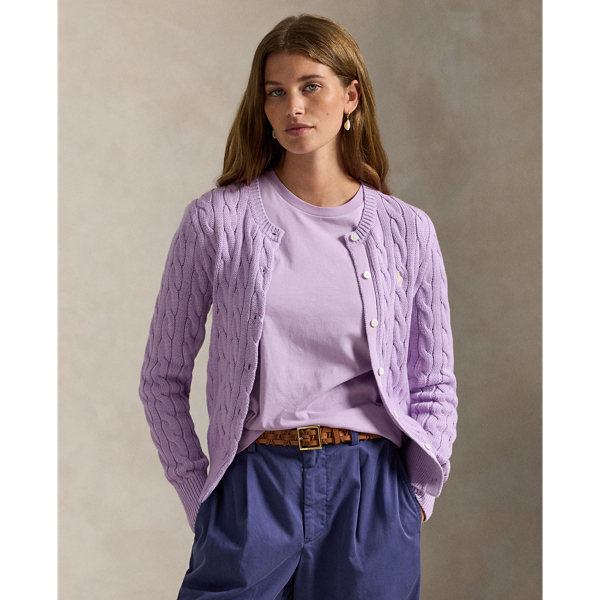 Ralph Lauren Cable-knit Cotton Crewneck Cardigan In Purple