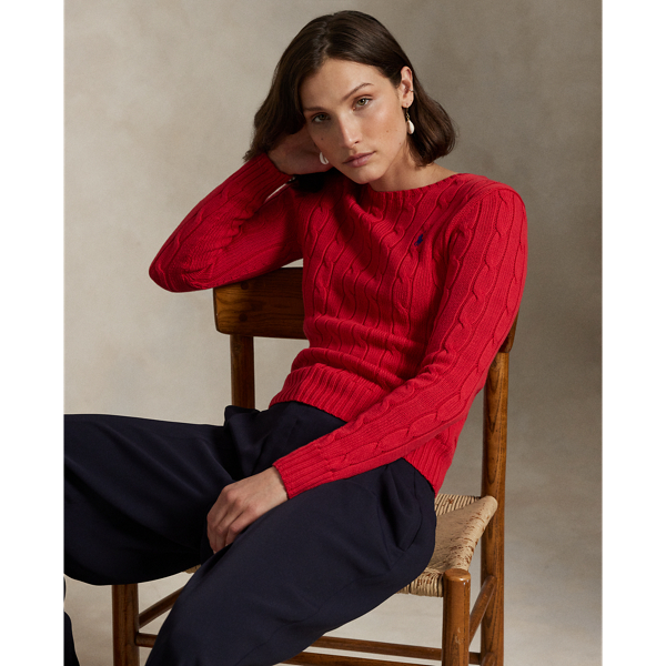 Ralph Lauren Cable-knit Cotton Crewneck Sweater In Red