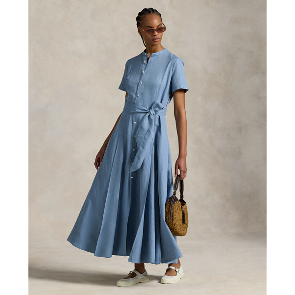 Blending silk, linen and cotton yarns to create a soft drape and gentle structure, this version of Polo's timeless shirtdress is designed for a sweeping A-line silhouette with inverted box pleats at the skirt for added volume.