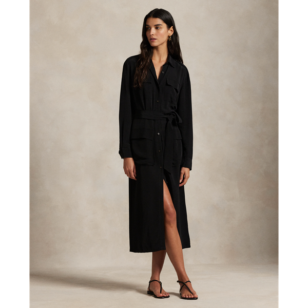 Ralph Lauren Belted Faille Shirtdress In Black