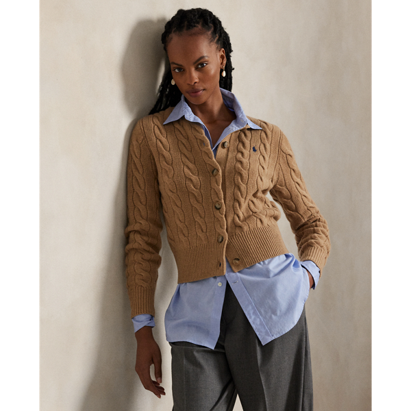 Cable-knit with a soft blend of Italian wool and carded cashmere, this buttoned crewneck cardigan is accented with our signature embroidered Pony at the chest.