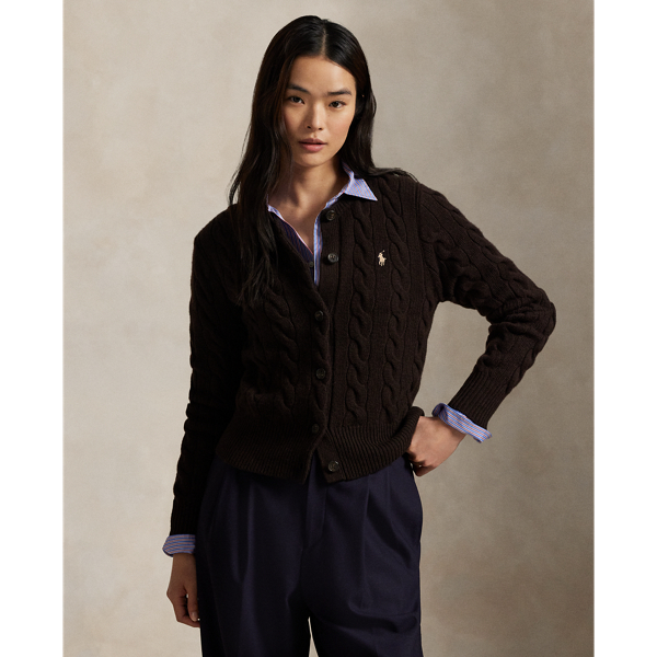 Cable-knit with a soft blend of Italian wool and carded cashmere, this buttoned crewneck cardigan is accented with our signature embroidered Pony at the chest.