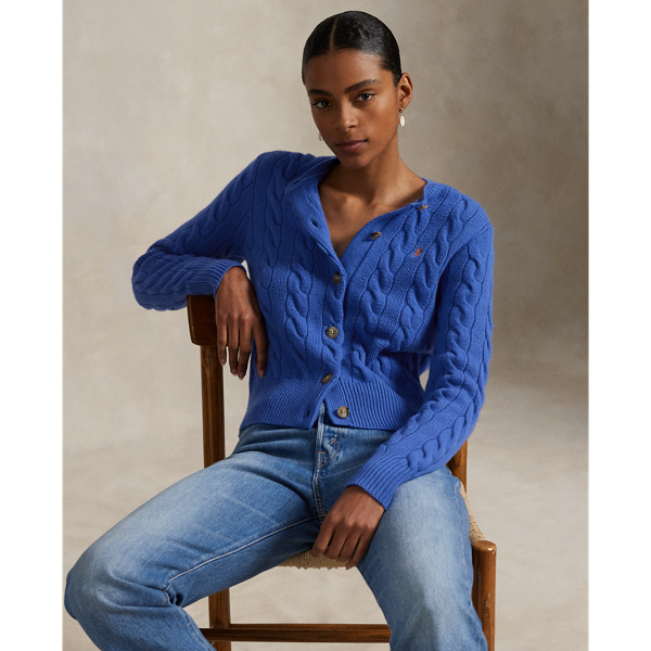 Cable-knit with a soft blend of Italian wool and carded cashmere, this buttoned crewneck cardigan is accented with our signature embroidered Pony at the chest.