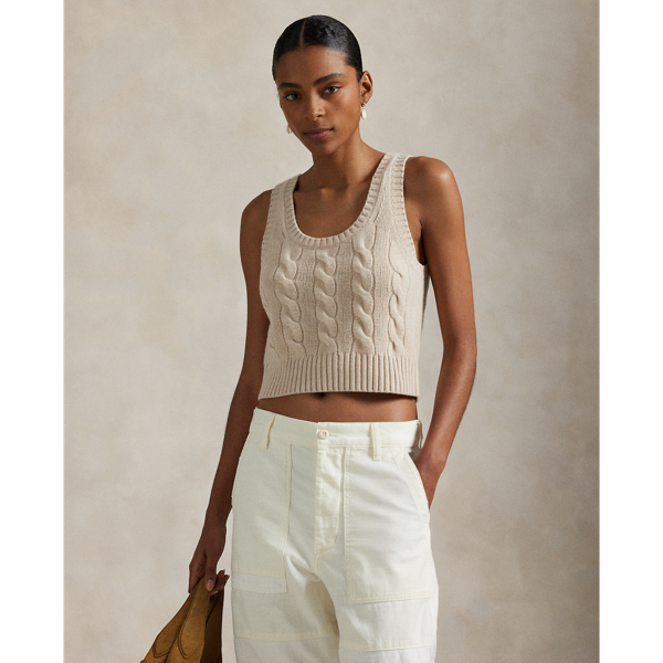 Ralph Lauren Cable Wool-cashmere Sleeveless Sweater In Nude