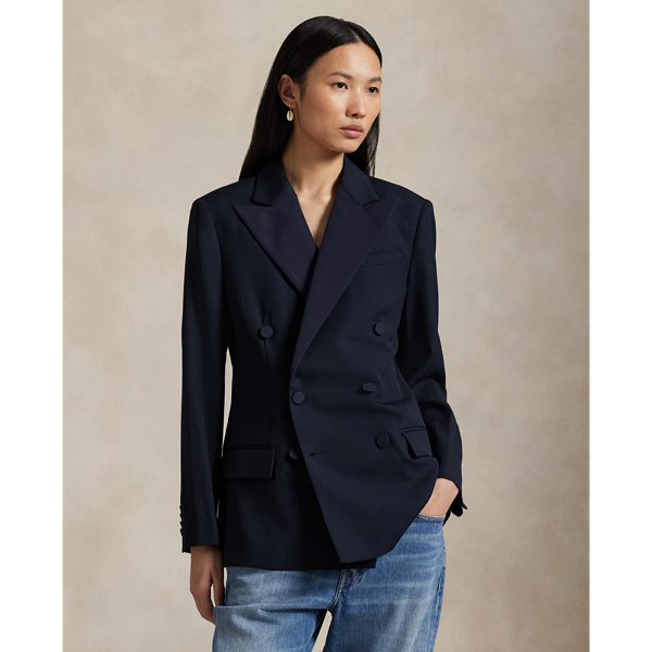 Ralph Lauren Double-breasted Silk-lapel Wool Blazer In Blue