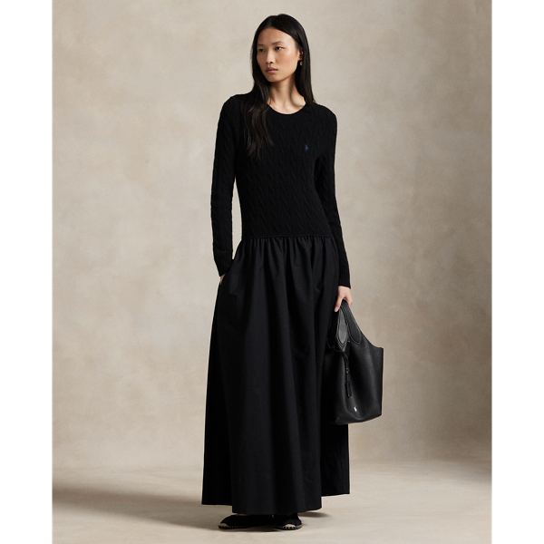 Ralph Lauren Cable-knit Poplin Dress In Black