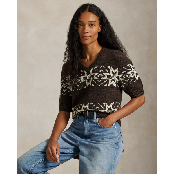 Ralph Lauren Snowflake V-neck Short-sleeve Sweater In Black