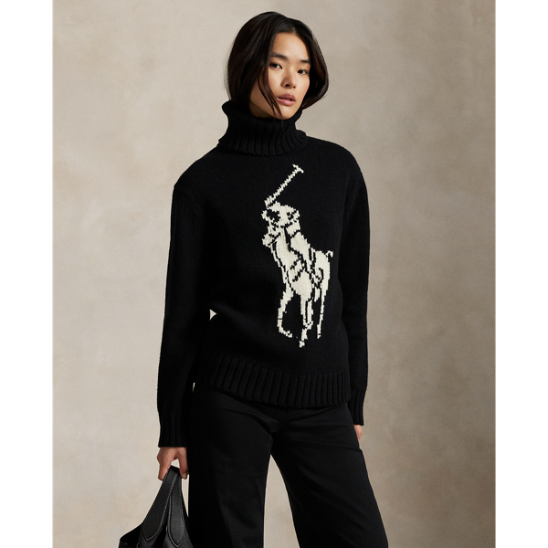 Ralph Lauren Big Pony Wool Turtleneck Sweater In Black