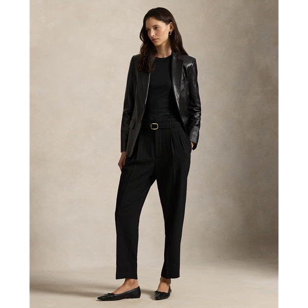 Ralph Lauren Belted Wool Pleated Tapered Pant In Black