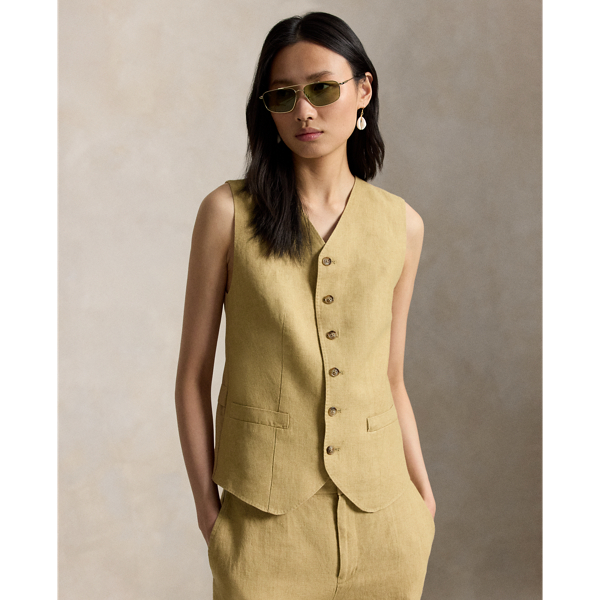 Ralph Lauren Buttoned Délavé Linen Vest In Classic Camel In Brown