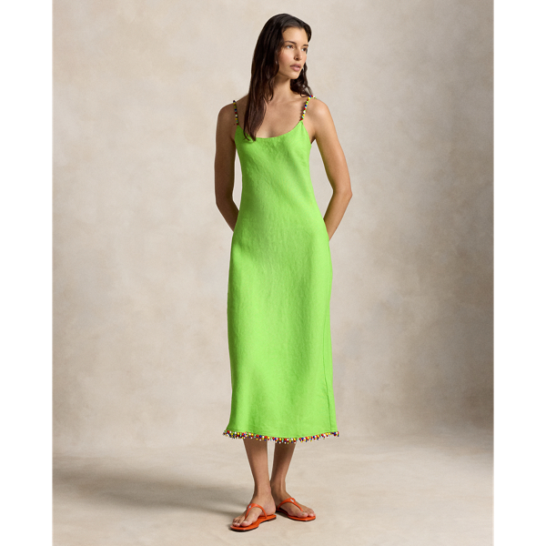 Beaded-Trim Linen Slip Dress