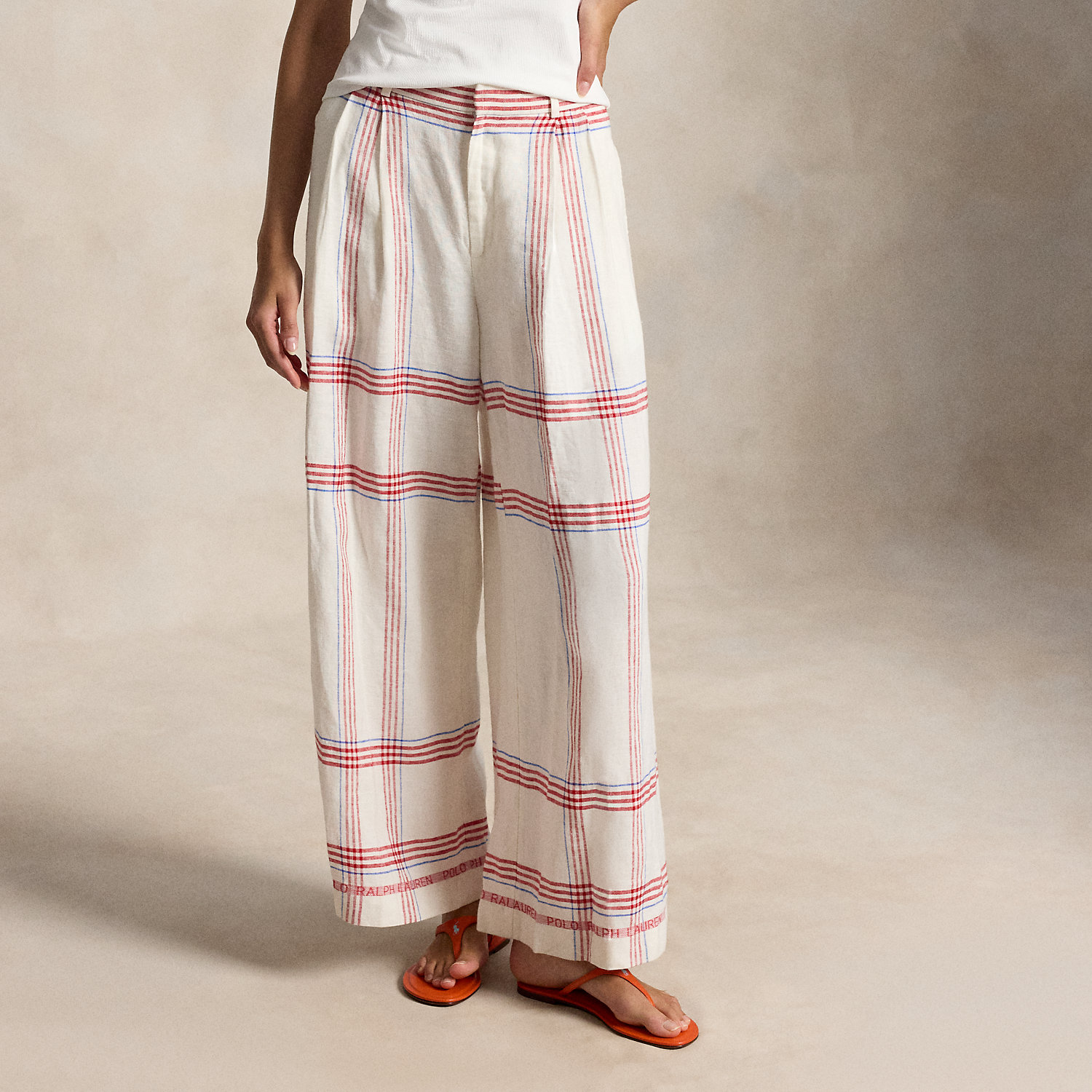 Plaid Linen Wide-Leg Cropped Trouser