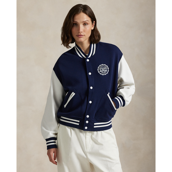 Celebrating  Ralph Lauren Lauren's 20th anniversary in partnership with the US Open, this double-knit jacquard baseball jacket is part of our 2025 US Open Tennis Championships collection. Cut for a relaxed fit with classic striped trim, it features a tennis-inspired logo crest on the chest, custom-developed enamel snaps and "US Open" patches appliquéd on the back.